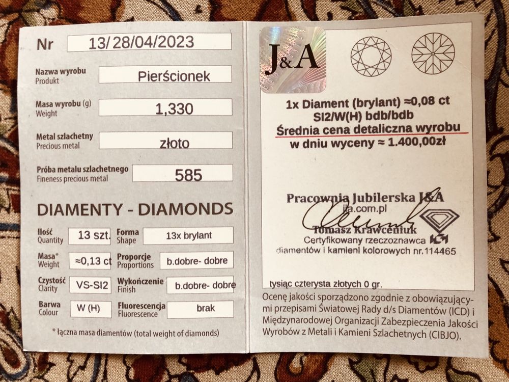 Złoty pierścionek z brylantami 0,13ct ZŁOTO Au 585 BRYLANT CERTYFIKAT