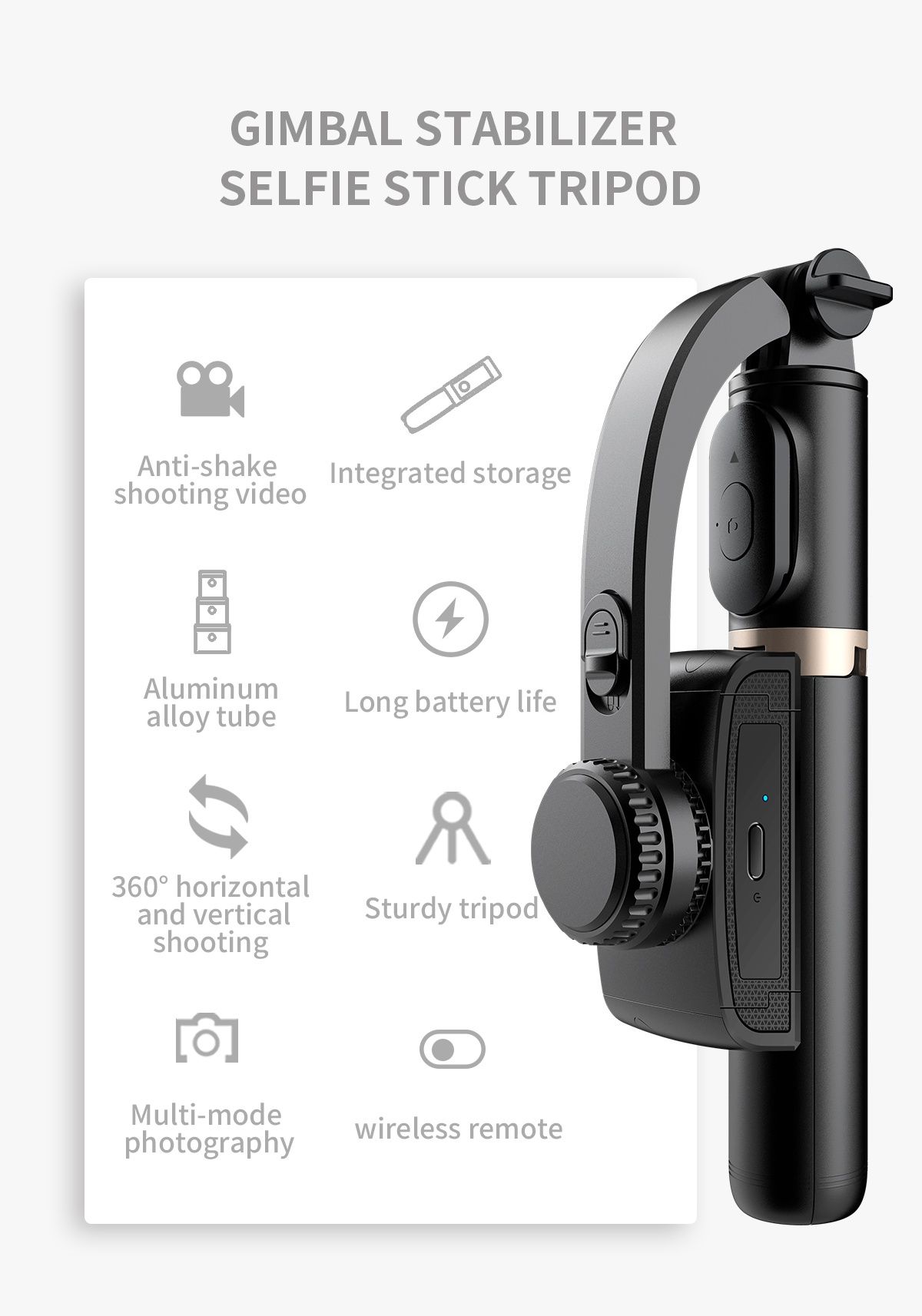 Selfie stick tripod gimbal 360°
