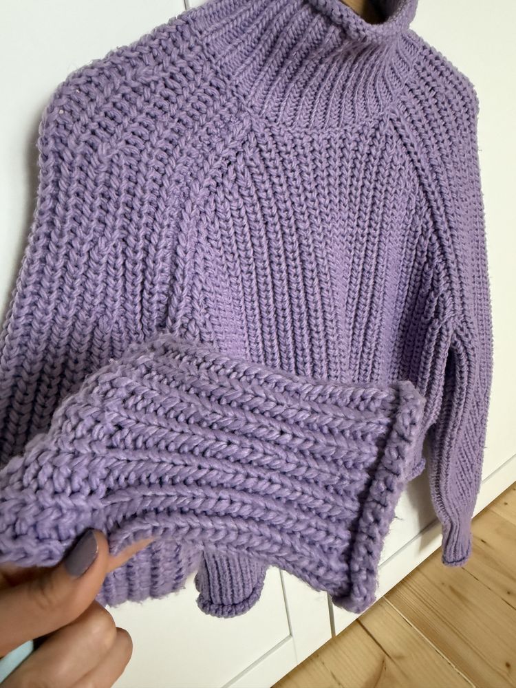 Gruby liliowy sweter H&M S/36 lila