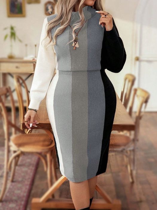 Sukienka Dzianinowa Sweterkowa Z Golfem W Paski Casual Shein 3Xl 46