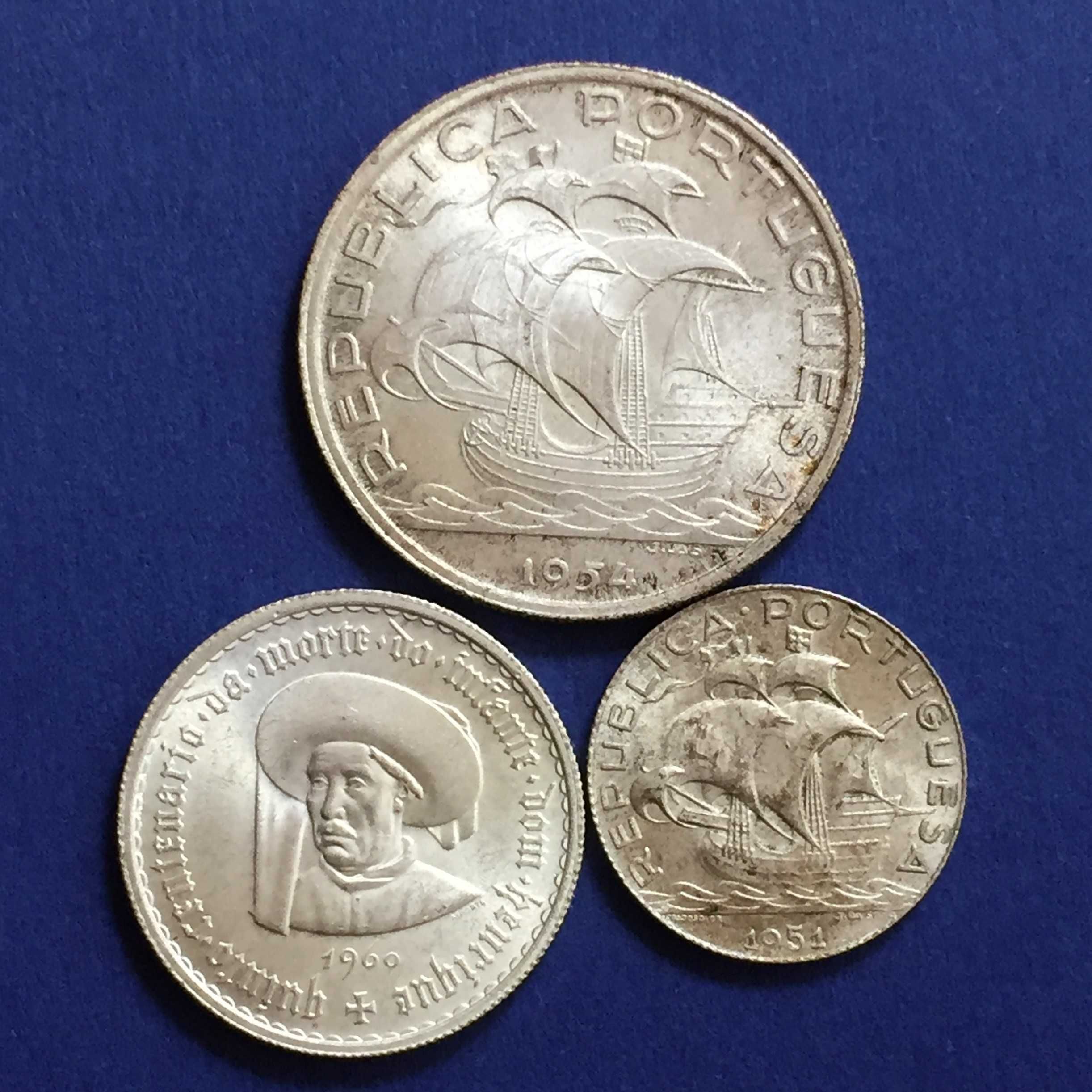 Lote 3 moedas prata: 10 escudos 1954+5 escudos 1960+2,50 escudos 1951