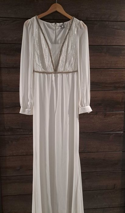 nowa prosta suknia ślubna z długim rękawem rybka syrenka 38 ivory