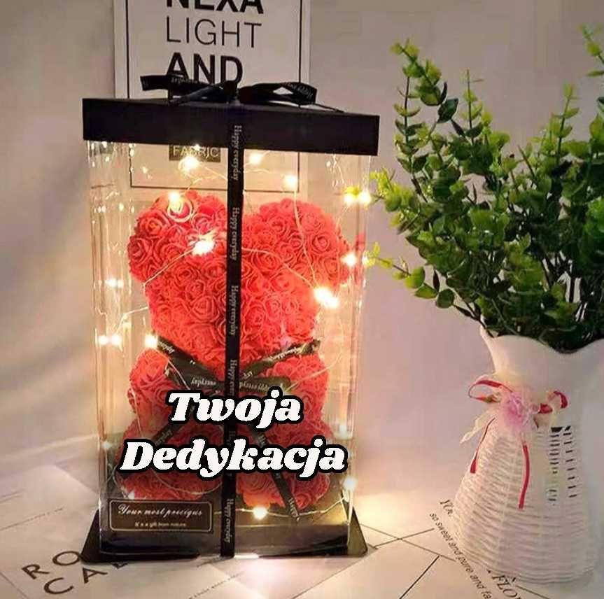 Duży MIŚ z róż WALENTYNKI Czerwony LED + Dedykacja