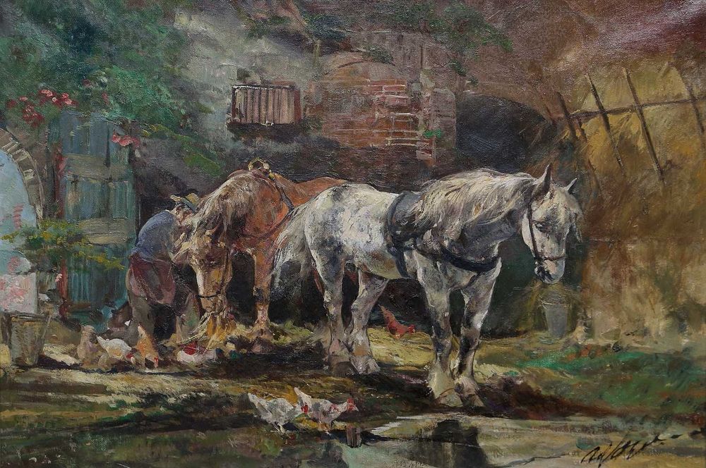 Obraz olejny : Konie wypoczywają w stajni.