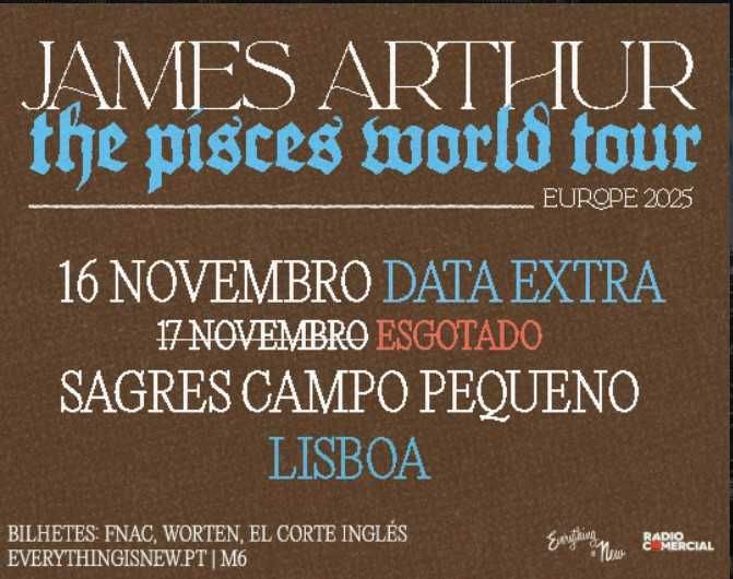 2 Bilhetes físicos James Arthur - 16 Nov (Domingo)