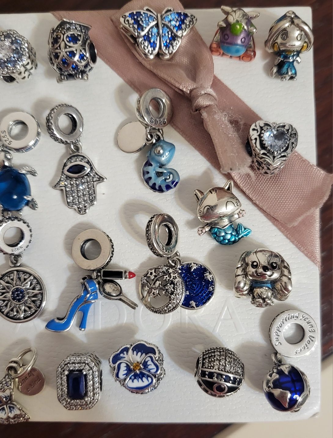 Koralik charms do bransoletki Pandora,niebieskie, ręka Fatimy, Sowa