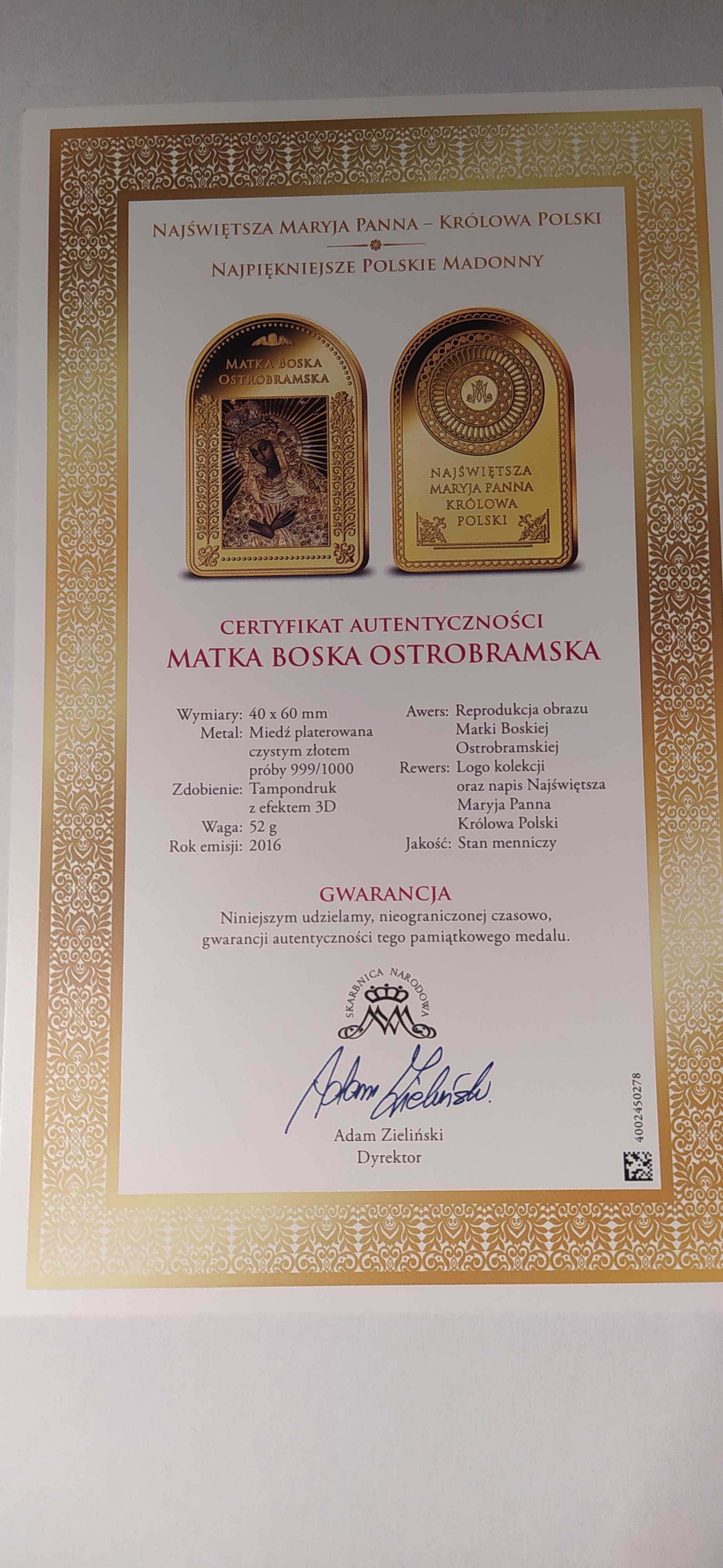 Matka Boska Ostrobramska - medal pozłacany