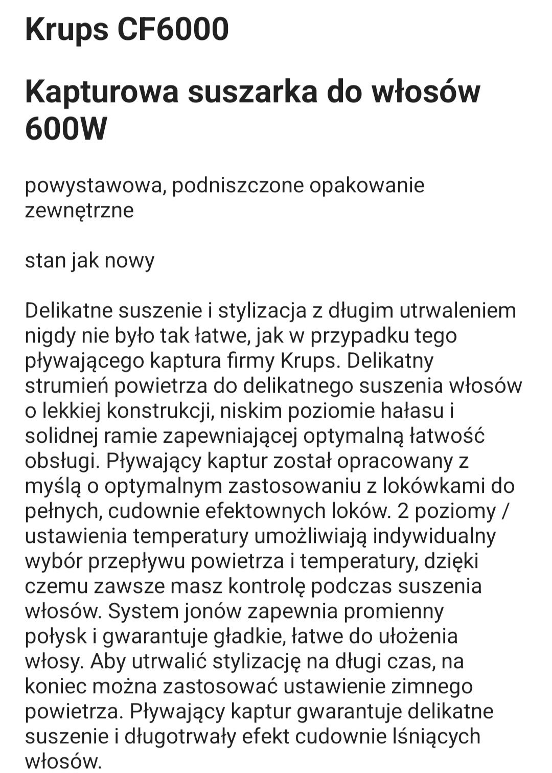 Kapturowa suszarka do włosów  Krups CF 6000