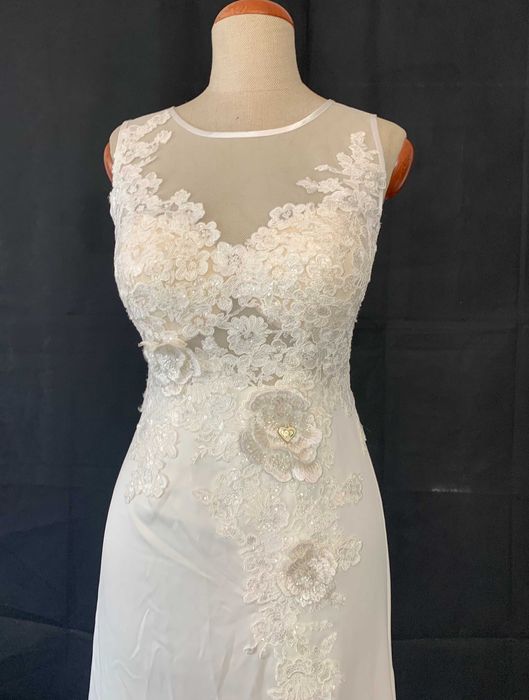 Nowa Elegancka Suknia Ślubna Ivory Koronka Guziki M 38 kwiaty 3D boho