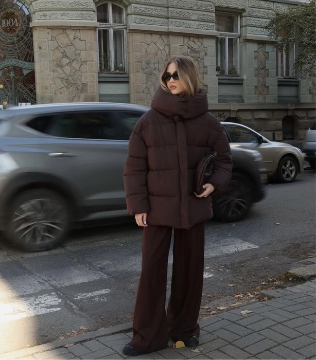 Новый стильний пуховик оверсайз L, трендовий шоколадний відтінок