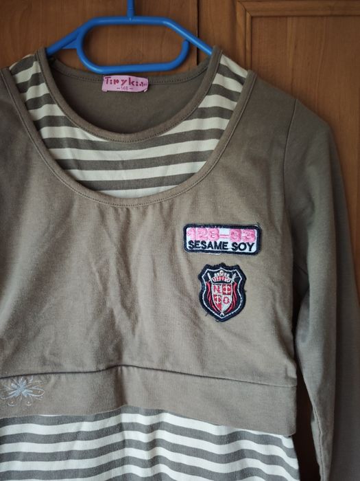 Koszulka na długi rękaw brązowo-beżowa dziewczęcy rozmiar 146