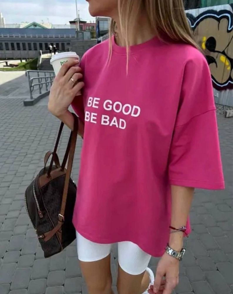 Жіноча зелена / рожева футболка оверсайз be good, be bad, just be ЛЮКС