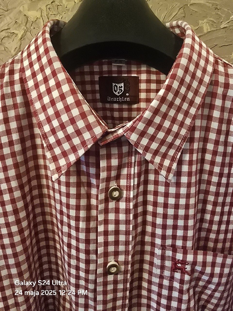 Elegancka niemiecka koszula myśliwska w kratę XXXL. Guziki rogowe.