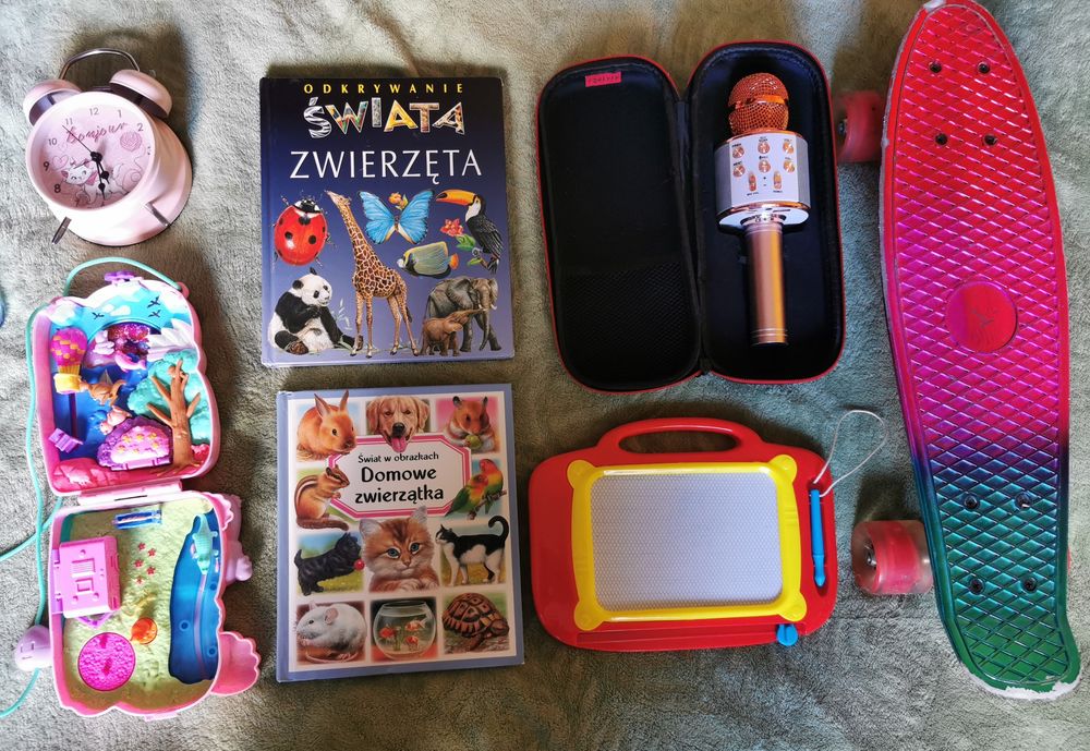 Torebka Polly Pocket, gry, kauczuki, książki, mikrofon, breloczki