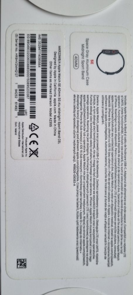 Apple Watch SE GPS + Cellular Aluminum 40 mm, drugi pasek, 12.2022