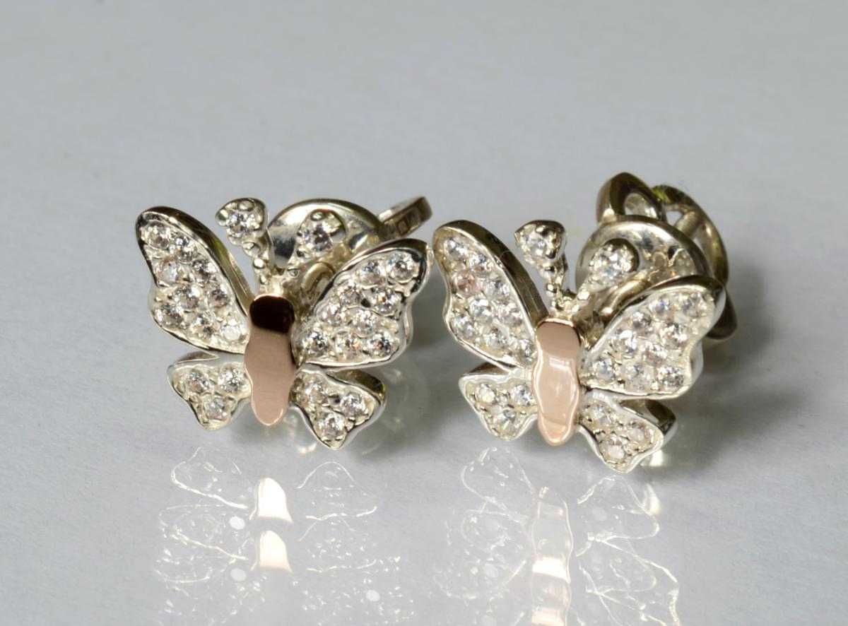 Милые серьги-гвоздики бабочки серебро с золотыми вставками