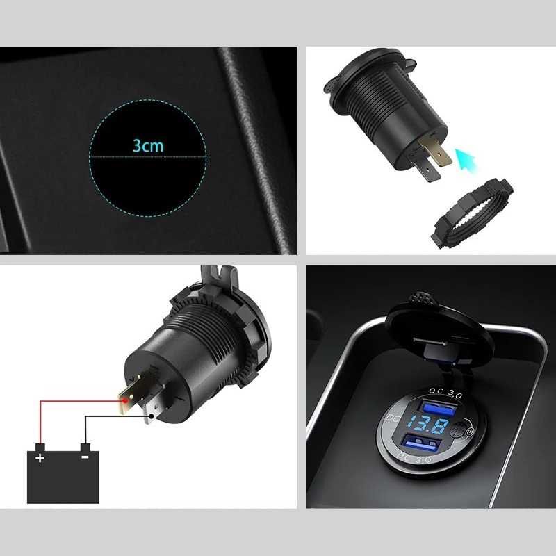 Entrada carregamento rápido USB QC3.0 duplo rosca e tampa