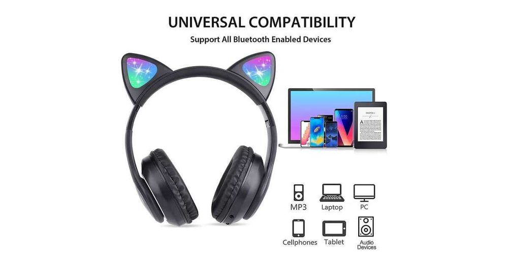 Słuchawki Dla Dzieci Bezprzewodowe Bluetooth Nauszne Kocie Uszy Czarny