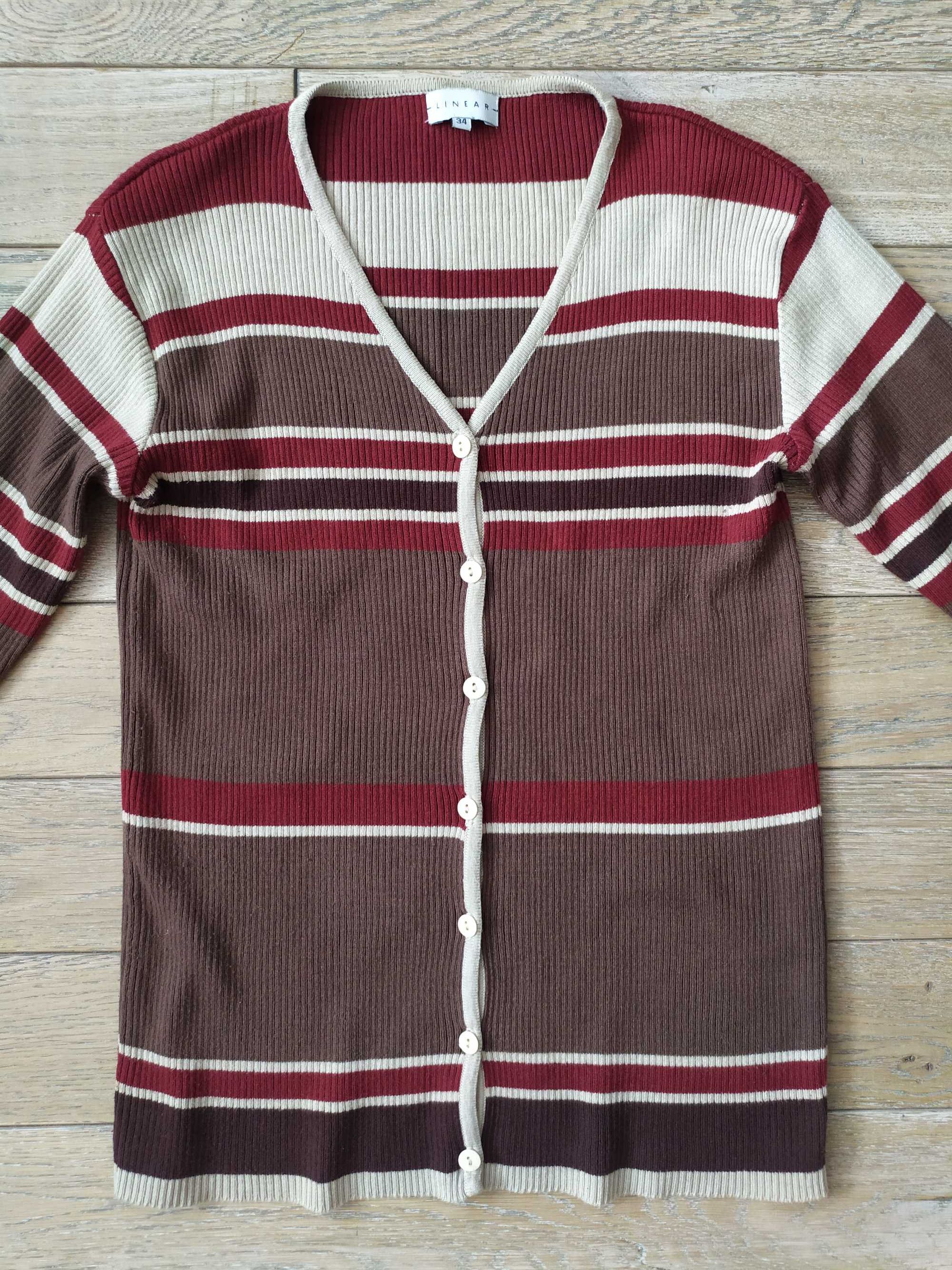 Kolorowy sweter w serek paski na guziki Linear