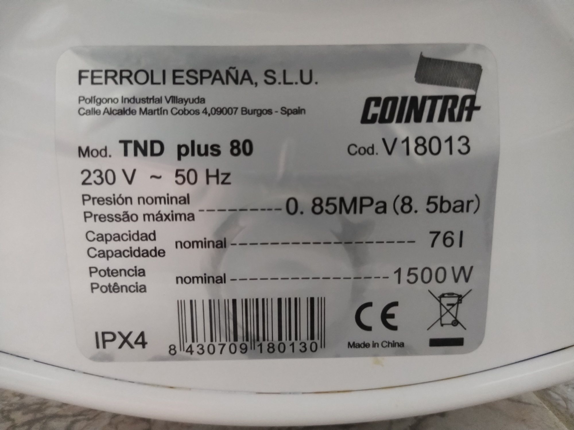 Termoacumulador Cointra TND Plus 80 L (Resistência Queimada)