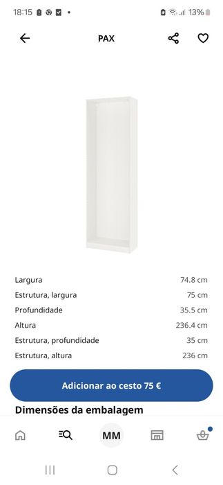 Roupeiro Ikea Pax 75x35x236