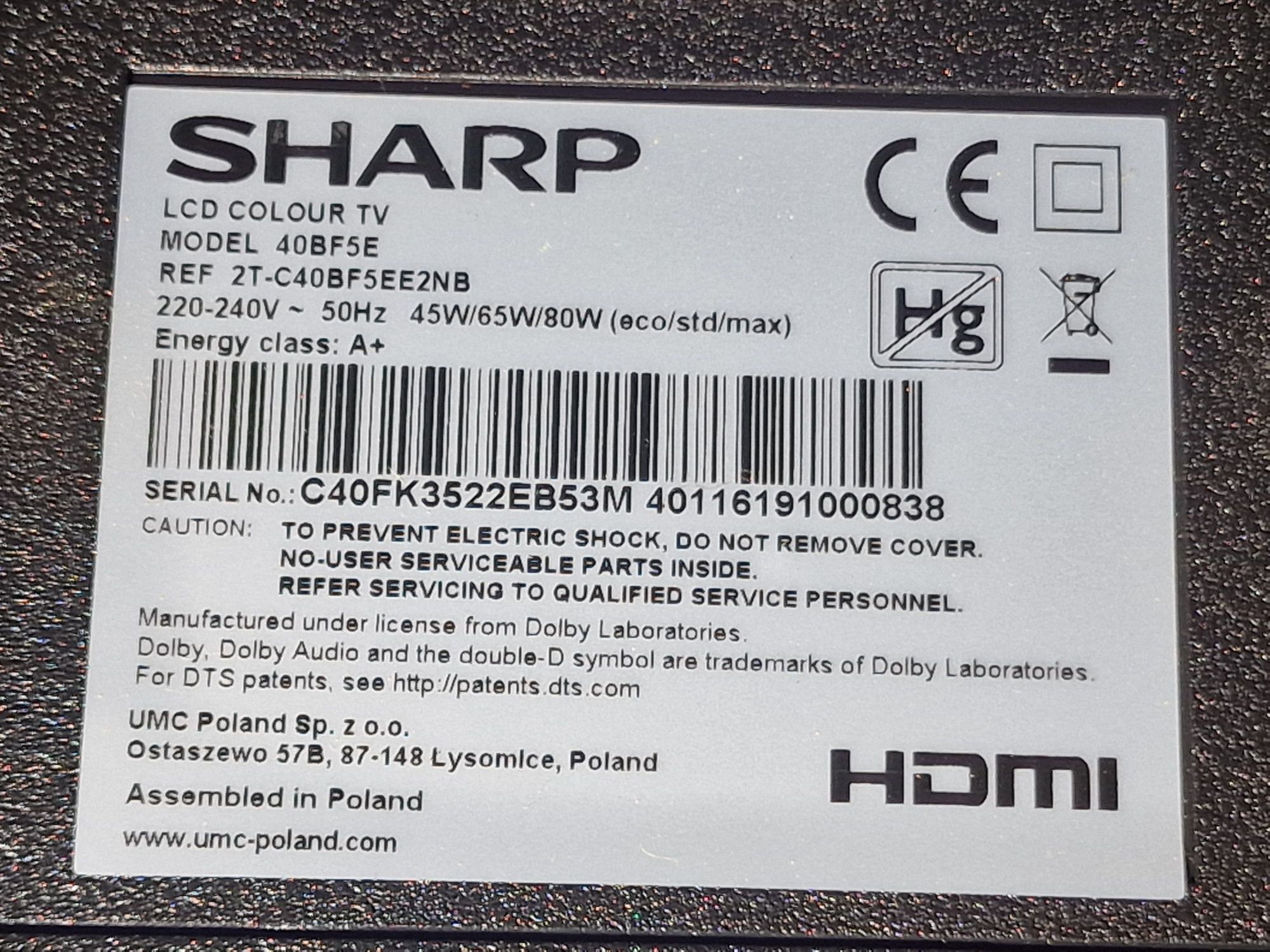 TV LCD Sharp 40" model 40BF5E