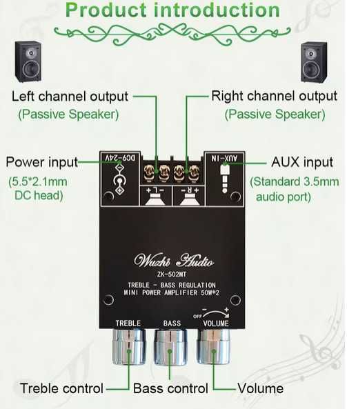Усилитель 2х50Вт класс D блютуз ресивером ZK-502MT bluetooth AUX