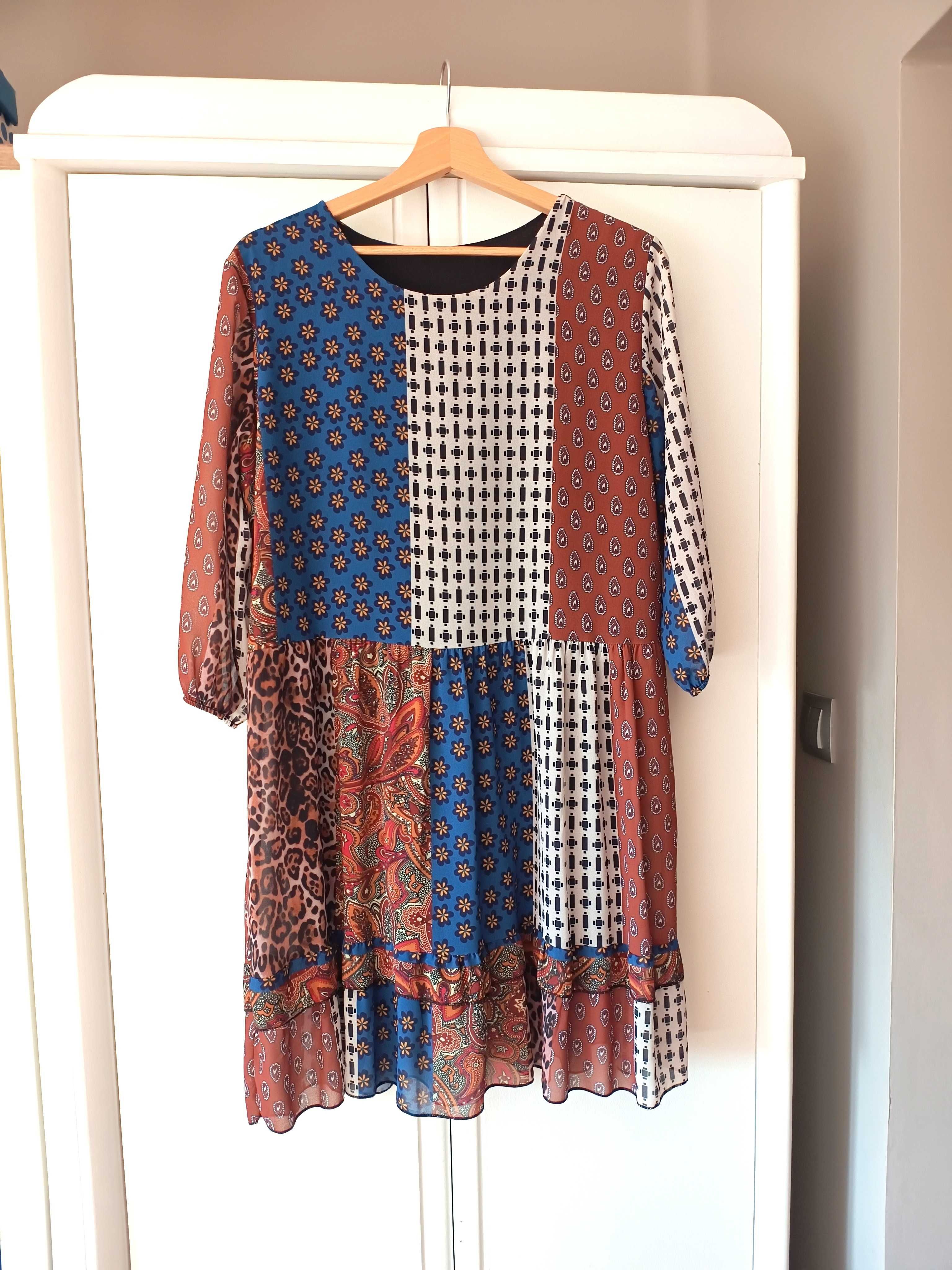 brązowa sukienka z długim rękawem 38M 40L boho mini we wzory wzorki