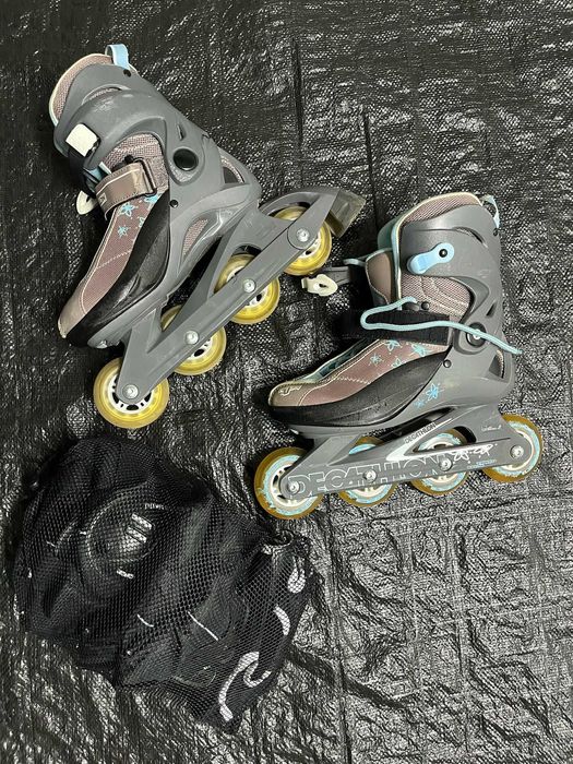 Patins em linha, com proteções e saco para patins