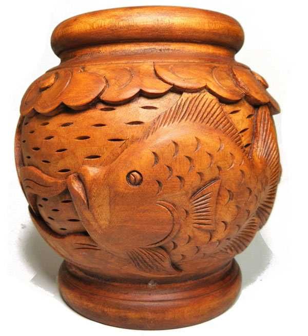 Misterny Rzeźbiony WAZON Ornamenty Ryby z Drewna Rękodzieło