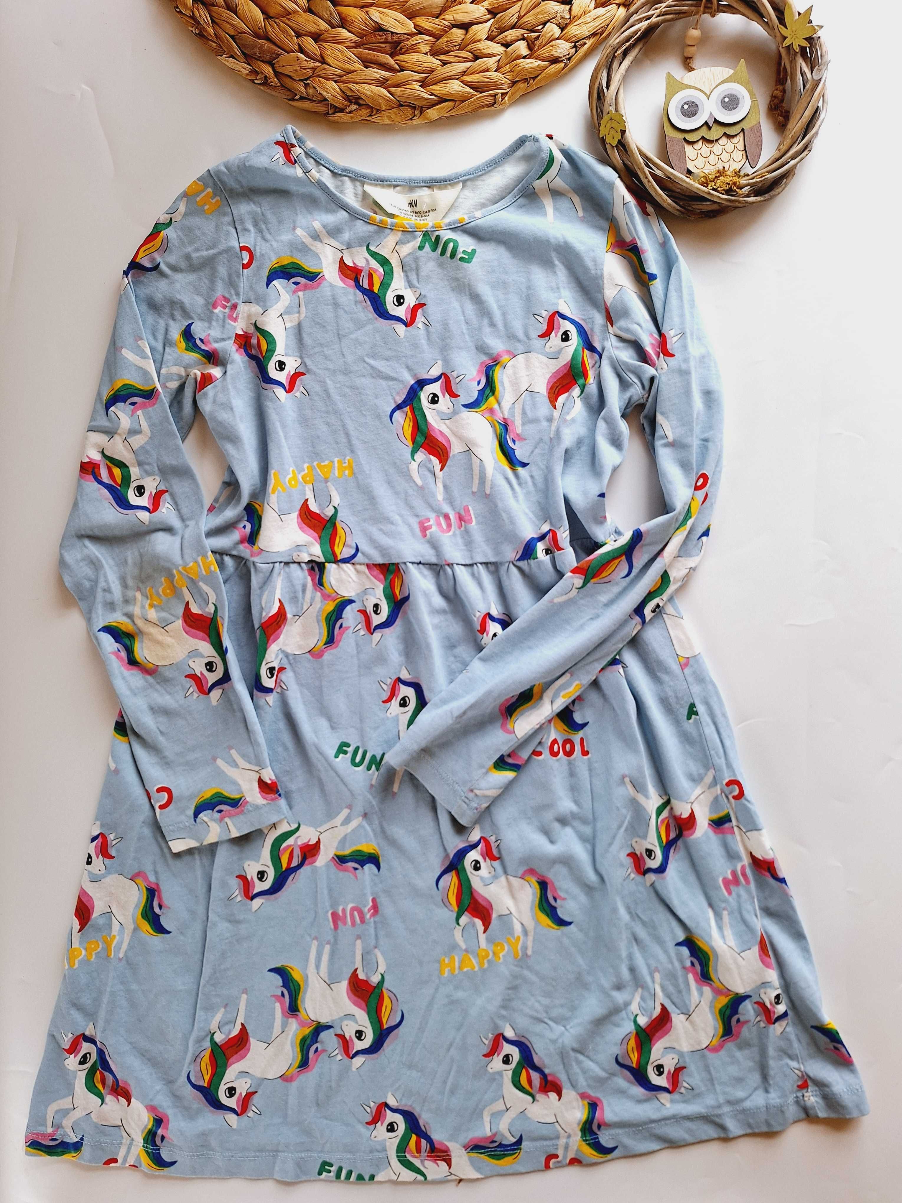 Sukienka H&M 134 - 140 bawełniana jasnoniebieska w jednorożce