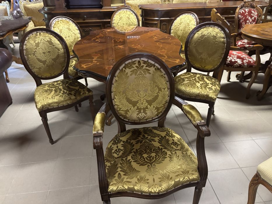 Stylowy Włoski Zestaw Stół 6 Krzeseł Nowa Tapicerka Meble Stylowe ital