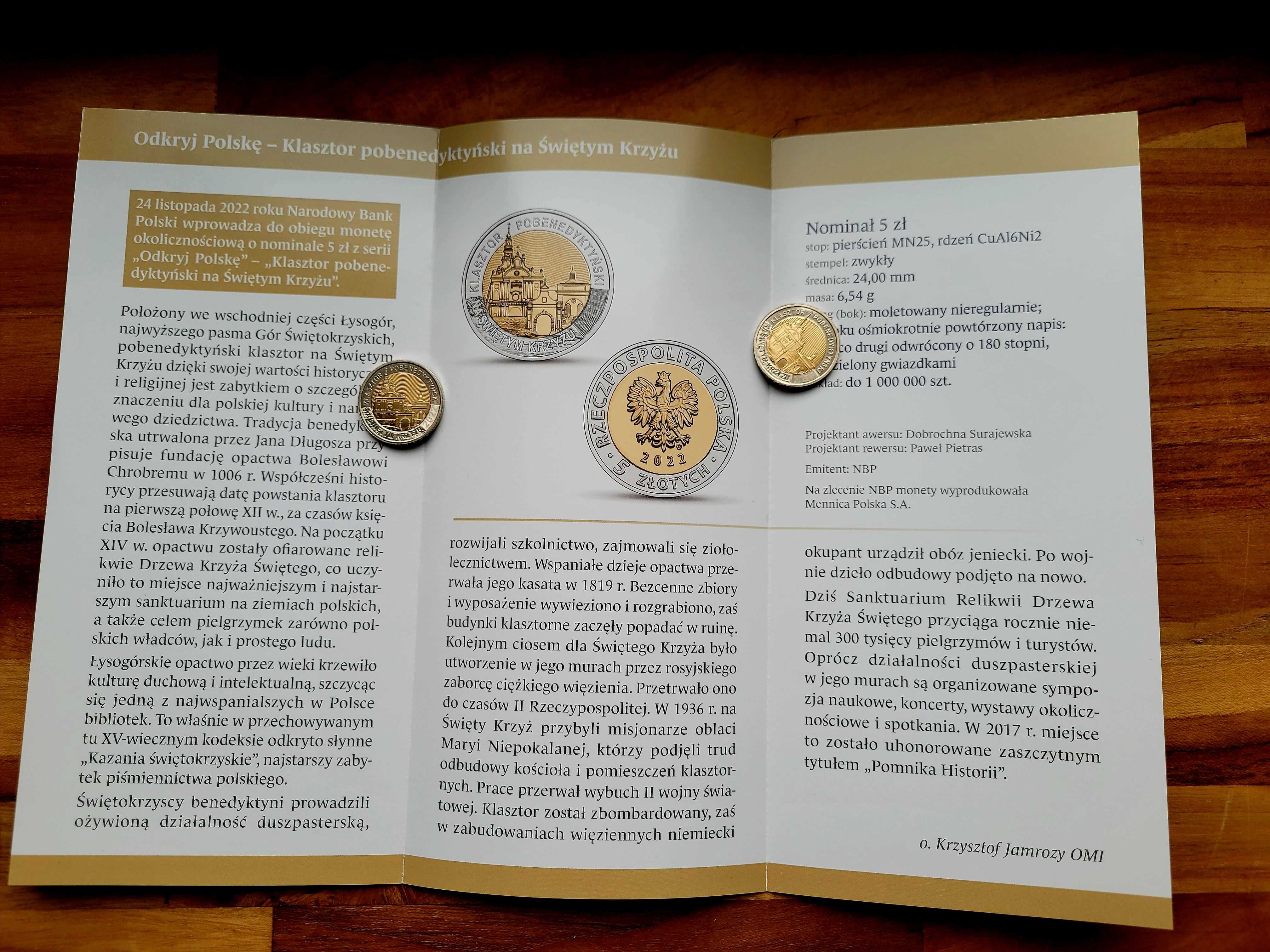 Moneta 5 ZŁ Klasztor pobenedyktyński na Świętym Krzyżu z folderem