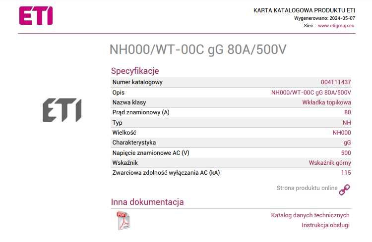 ETI Wkładka topikowa NH000/WT-00C gG 80A/500V. 3 SZTUKI.