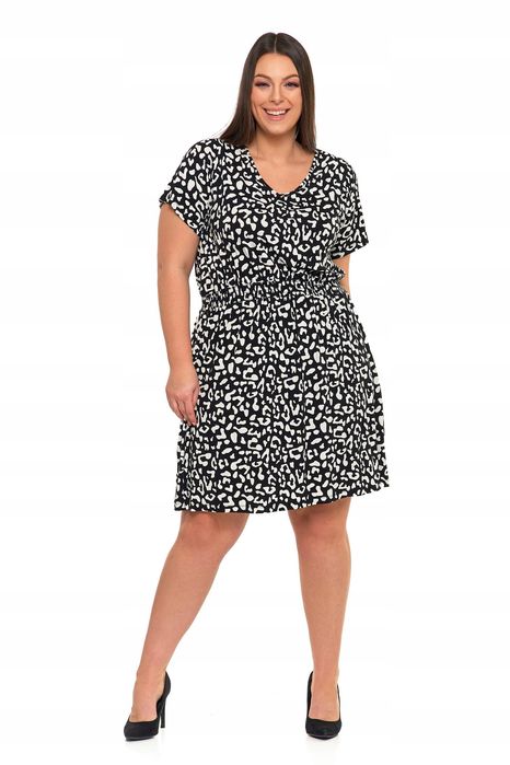 Krótka Sukienka Damska Do Kolan  Zwiewna Czarno Biała Panterka Moraj L