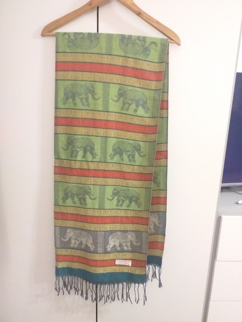 Szal Pashmina 100% kaszmir zielony słonie