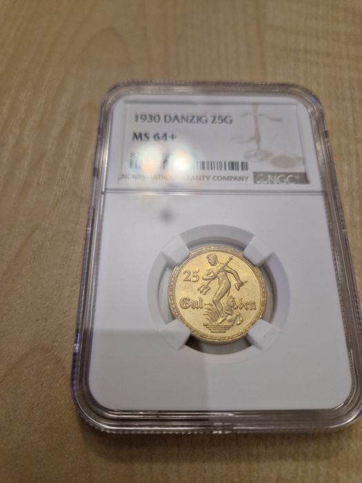 złota moneta 25 guldenów gdańsk danzig ms64+