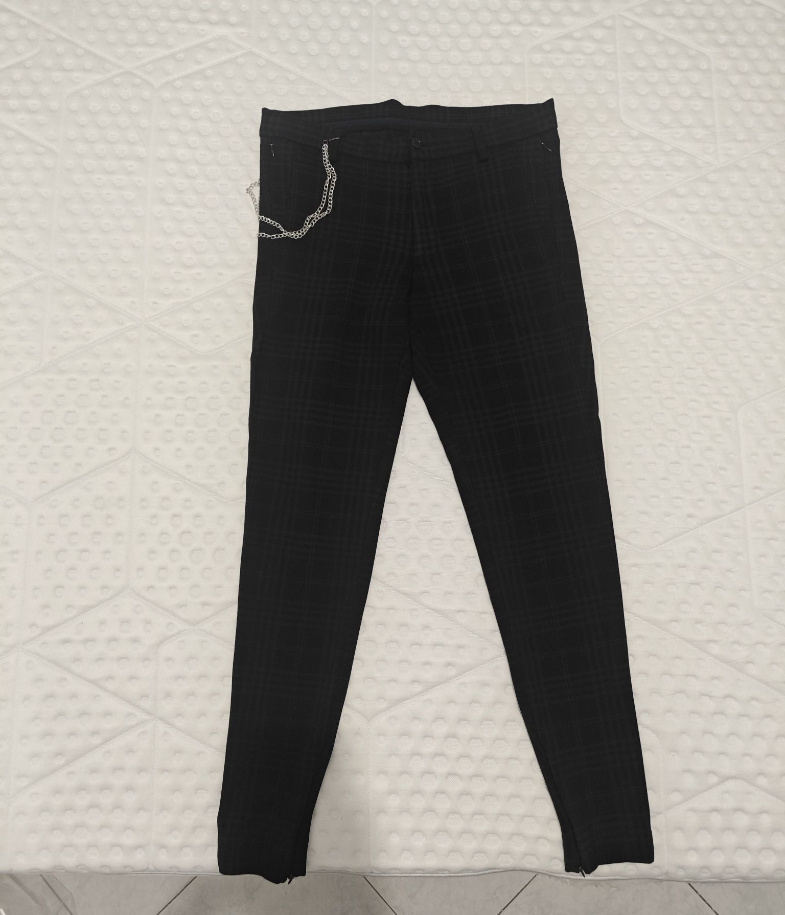 Calças 38 tecido pretas xadrez elásticas Zara slim fit