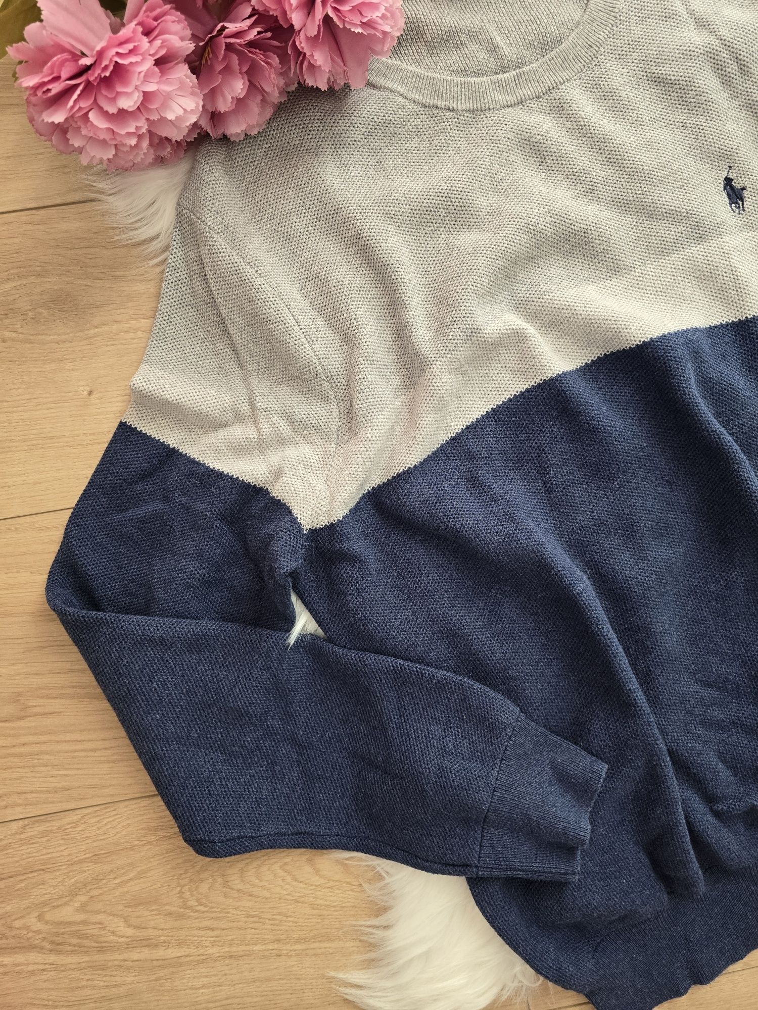 Sweter męski Ralph Lauren L paski szary granatowy bawełna cotton bdb