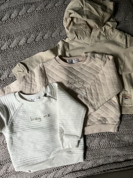 Zestaw 3-pak sweterki bluzy prążek pikowanie kaptur napisy 74