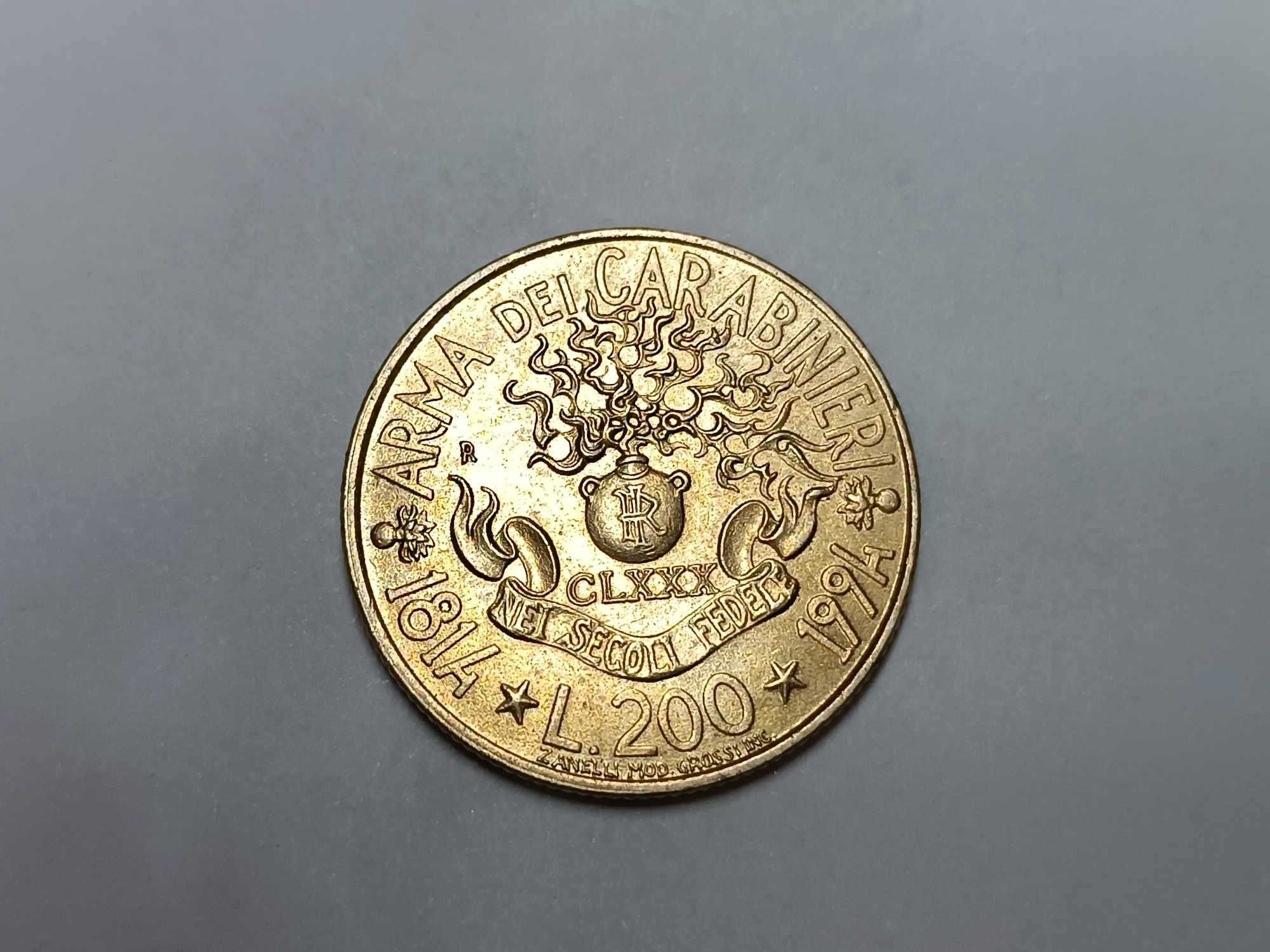 Монета Rara 200 LIRE ARMA DEI CARABINIERI 1814 1994 - 180*