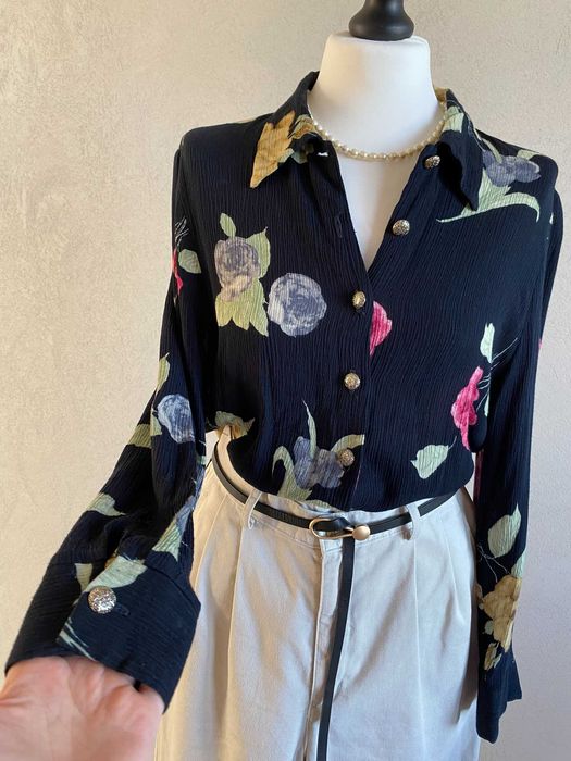 Przepiękna vintydżowa koszula damska 100% wiskoza kwiaty guziki jesień