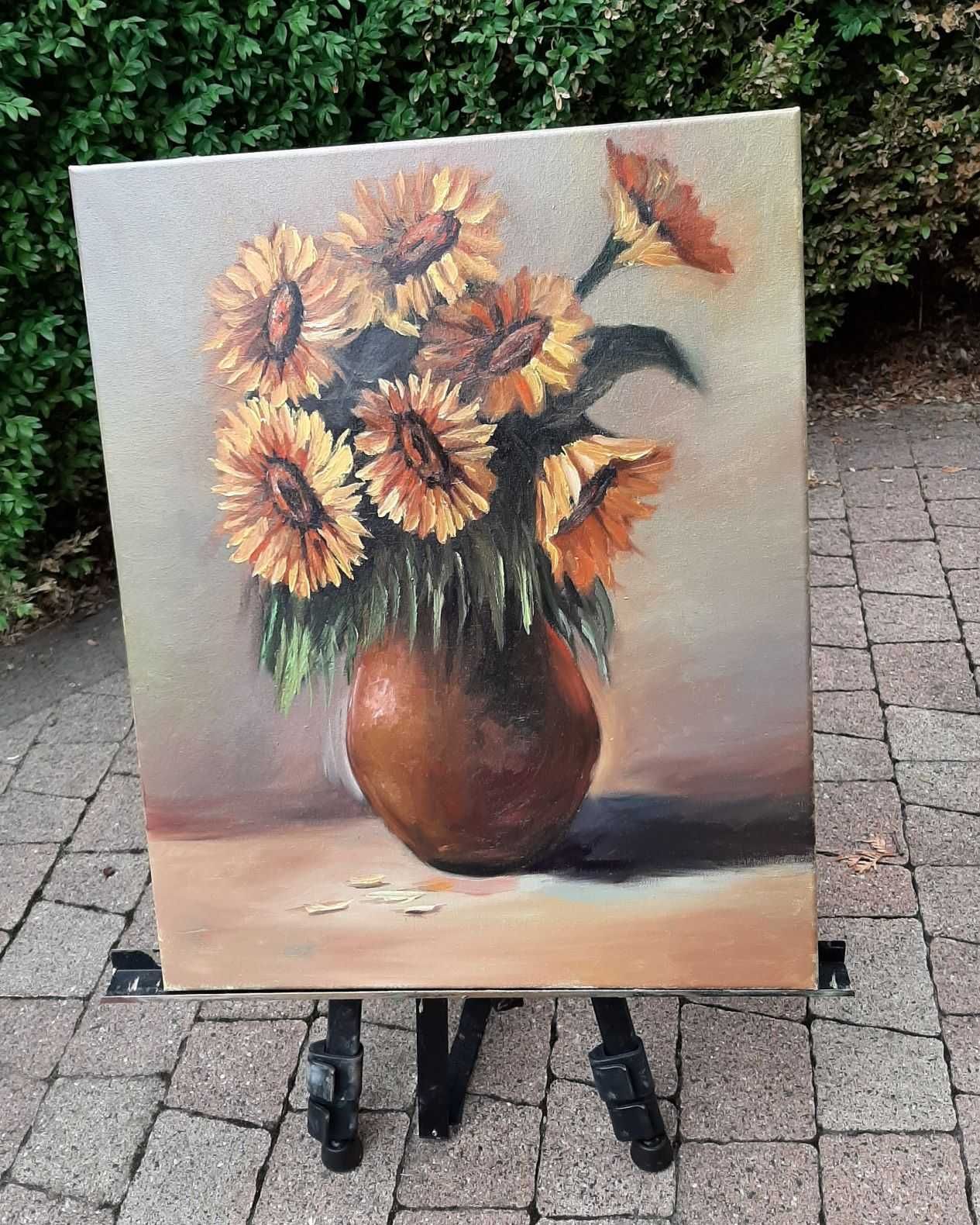Obraz olejny 40 x 50 ręcznie malowany Słoneczniki w wazonie