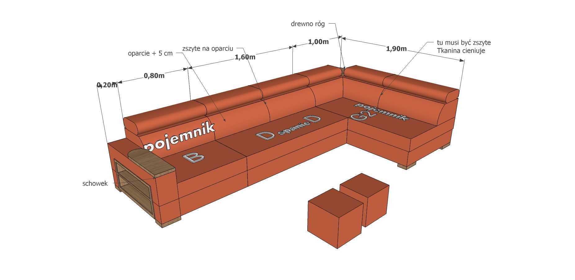 Narożnik Corneros MATADOR - 3,6m x 1,9m + półka na laptopa + dwie pufy