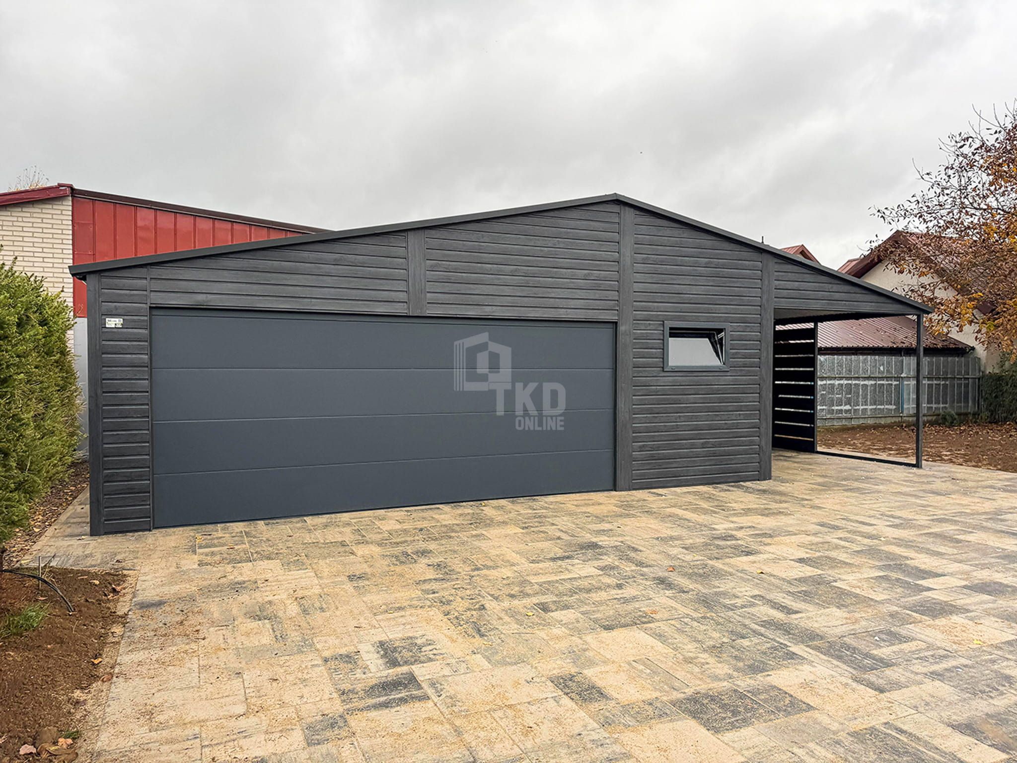 Garaż Blaszany Premium 8X6M + Wiata 3X6 Brama Drzwi Okno Rynny Tkd328