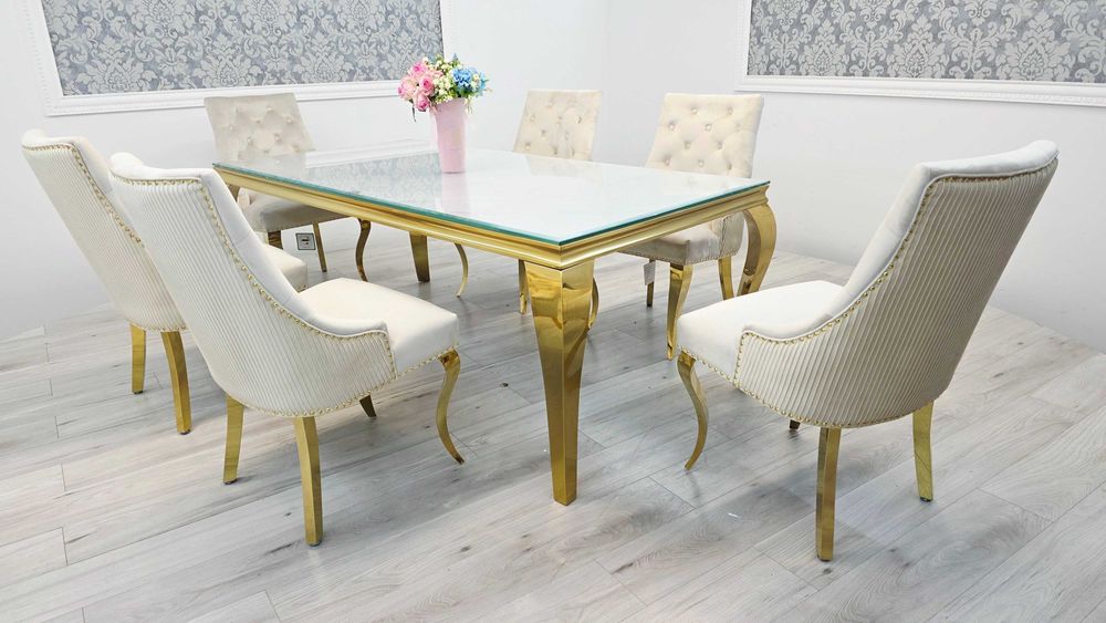 Jadalnia Glamour – Stół Ludwik 200x100 + 6 Krzeseł Heaven Krem Gold