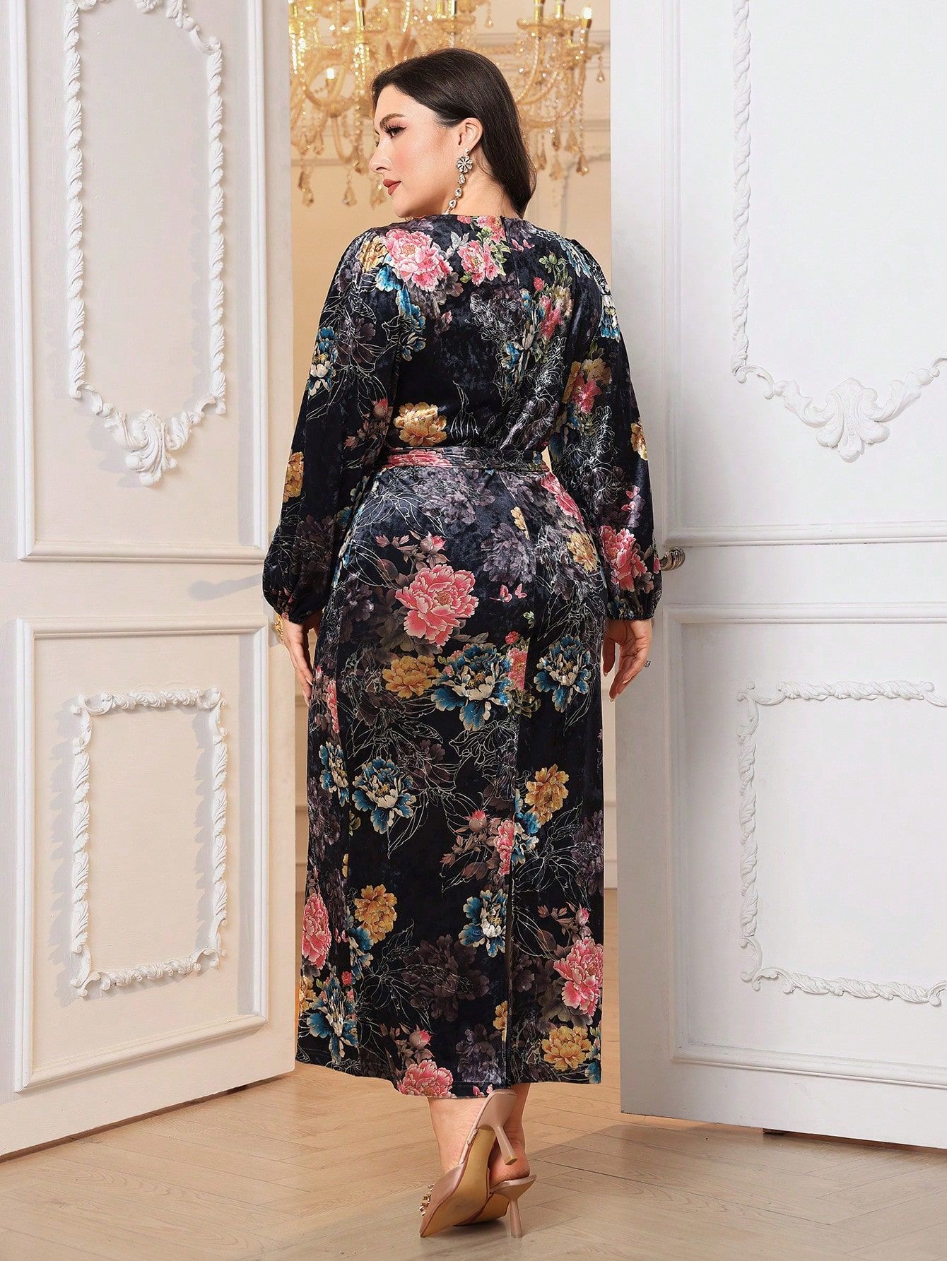 Sukienka Maxi Aksamitna Elegancka Ołówkowa W Kwiaty Shein Xxl 44