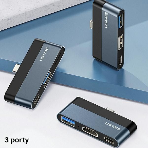 USAMS Adapter Hub USB-C - USB 3.0/USB 2.0, Szary, Ładowanie 60W