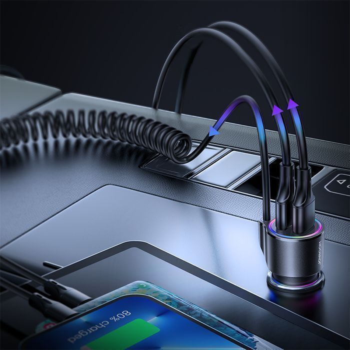 Ładowarka Samochodowa Joyroom 3 w 1 z Kablem USB-C, 17W, Czarny