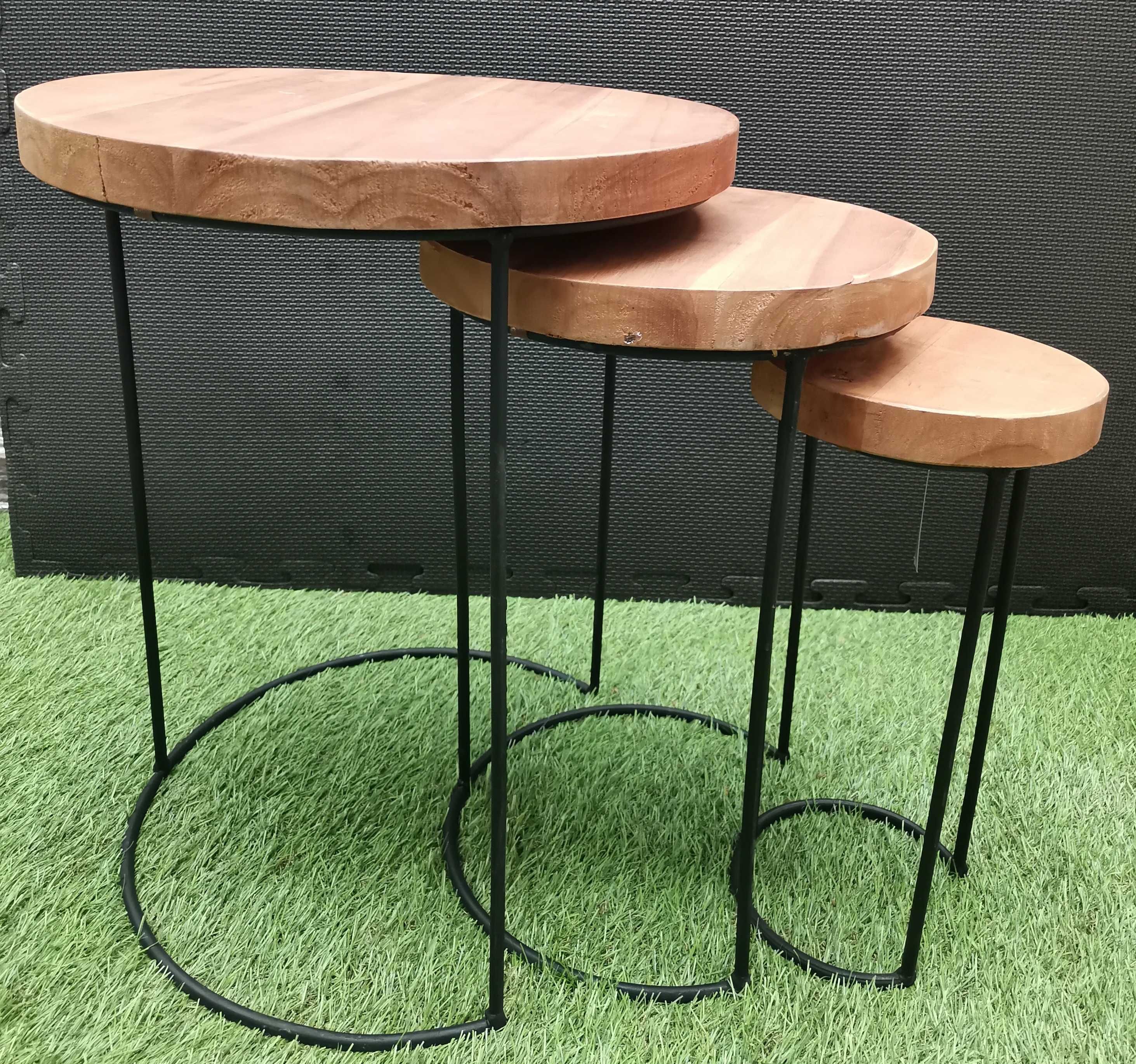 Stolik boczny 3 częściowy z drewna Tekowego i metalu kawowy piekny